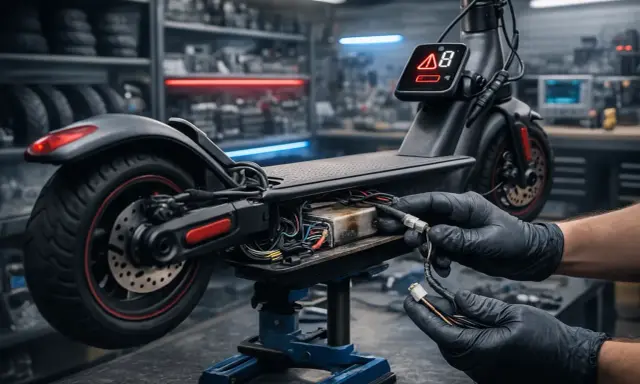 Réparation d'une trottinette électrique qui s'arrête en roulant. Mains gantées connectant des fils dans le compartiment moteur.