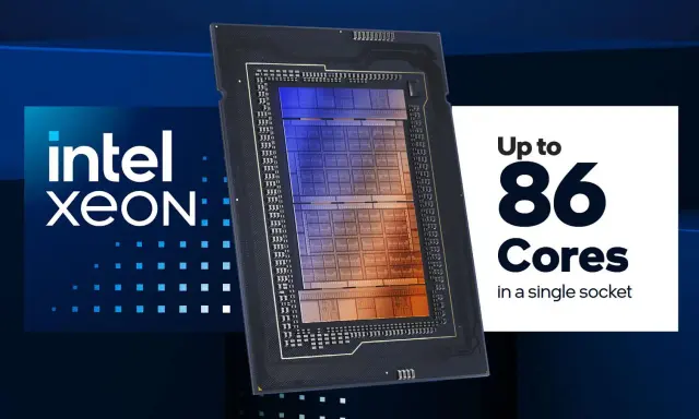 Un processeur Intel Xeon avec jusqu'à 86 cœurs dans un seul socket, représentant la puissance de la gamme processeur Intel.