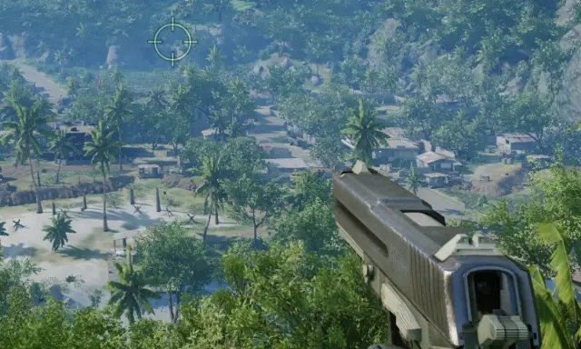 Vue FPS d'un pistolet, visant un village tropical verdoyant. Le réticule de visée suggère une mission dans Crysis 4.