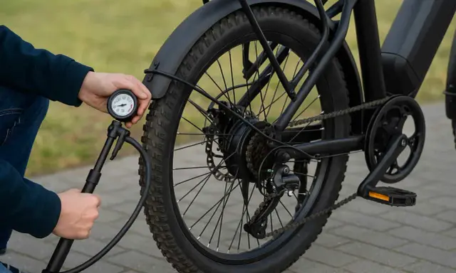 Maintenir la pression pneu vélo électrique optimale pour une meilleure autonomie et un confort de conduite. Un manomètre est utilisé pour vérifier le gonflage.