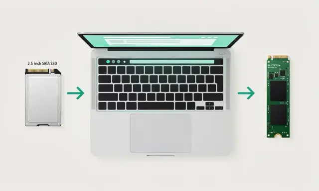Comparaison de la taille SSD : un disque SATA 2,5 pouces à gauche, un SSD M.2 NVMe à droite, avec un ordinateur portable au centre.