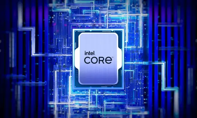 Processeur Intel Core, un cœur technologique au milieu d'un réseau bleu lumineux.
