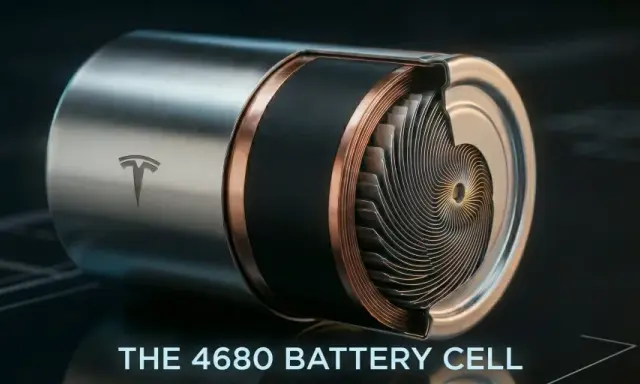 Coupe transversale d'une nouvelle batterie Tesla 4680, révélant sa structure interne enroulée.