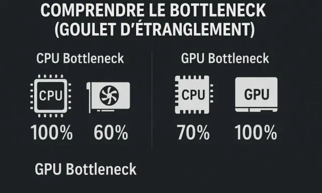 Comprendre le bottleneck : CPU à 100% et GPU à 60% (CPU bottleneck) ou CPU à 70% et GPU à 100% (GPU bottleneck). Illustration de la compatibilité processeur carte graphique.