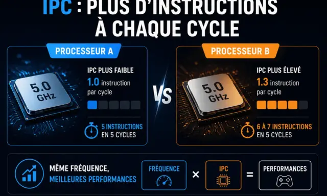 Comparaison de processeurs : même fréquence (5.0 GHz), mais l'IPC (instructions par cycle) plus élevé du processeur B offre de meilleures performances.