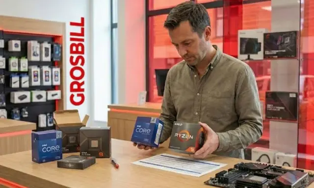 Un homme compare deux boîtes de microprocesseur ordinateur, Intel Core et AMD Ryzen, dans un magasin.