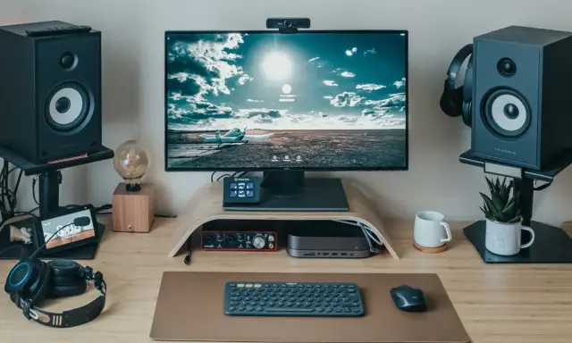 Un bureau moderne pour le setup teletravail : écran, enceintes, clavier, souris, casque et une webcam.
