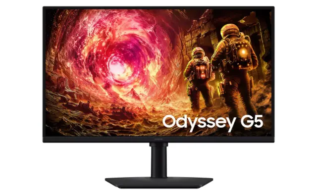 Écran Samsung Odyssey G5 affichant une scène de science-fiction avec des astronautes explorant un paysage volcanique. Idéal pour savoir comment choisir son écran gamer.