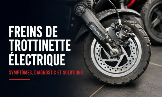 Freins de trottinette électrique : diagnostic et solutions pour tout problème. Gros plan sur la roue et le système de freinage.