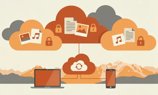 Illustration d'un ordinateur portable et d'un smartphone connectés à des nuages de données sécurisés, symbolisant la sauvegarde externe.