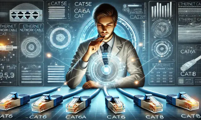 Un homme réfléchit devant un écran futuriste affichant des câbles Ethernet et leurs caractéristiques, comme le diamètre du câble RJ45.