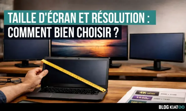 Mesure d'un écran d'ordinateur portable avec un mètre ruban, devant plusieurs moniteurs. Le texte indique "Taille d'écran et résolution : Comment bien choisir ?". Une feuille présente les différentes résolutions d'écran pc.
