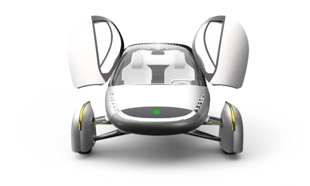 Concept de voiture électrique futuriste avec portes papillon ouvertes. Imaginez un voyage de 1600 km sans recharge !
