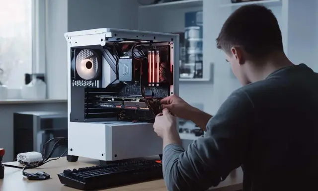 Un jeune homme assemble un PC, connectant la carte graphique et le processeur.