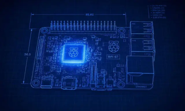 Schéma technique d'un Raspberry Pi 6, illuminé en bleu sur fond de grille. Les dimensions et les spécifications sont indiquées.