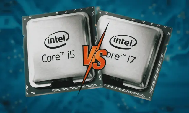 Deux processeurs Intel Core i5 et i7, symboles de la puissance d'un cpu ordi, s'affrontent sur fond bleu circuit imprimé.