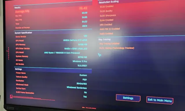 Écran affichant les performances d'un PC avec un processeur AMD Ryzen 7 7800X3D, une carte graphique NVIDIA RTX 4090, et les paramètres de jeu.