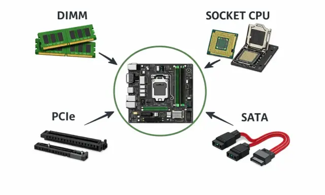 Composants d'un PC : carte mère, RAM (DIMM), processeur (Socket CPU), cartes d'extension (PCIe) et câbles de stockage (SATA). La taille carte mere est centrale.