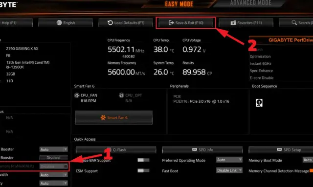 Interface des **bios MSI** GIGABYTE : mode facile, informations système, ventilateurs, et options de démarrage.
