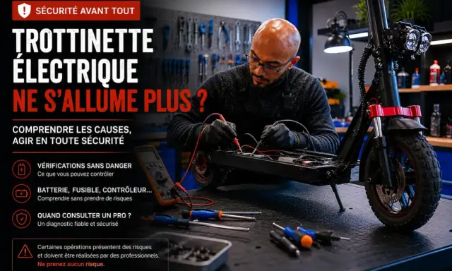 Un technicien vérifie le fusible d'une trottinette électrique Urban Glide qui ne s'allume plus. Outils et multimètre à proximité.