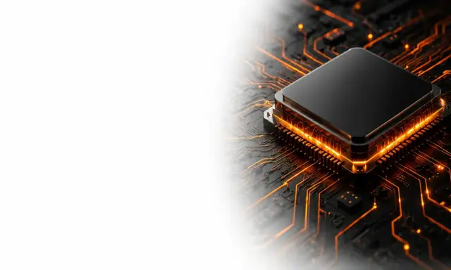 Un processeur noir sur une carte mère aux circuits lumineux orange. La vitesse de ces circuits, mesurée en GHz, détermine la puissance de calcul.