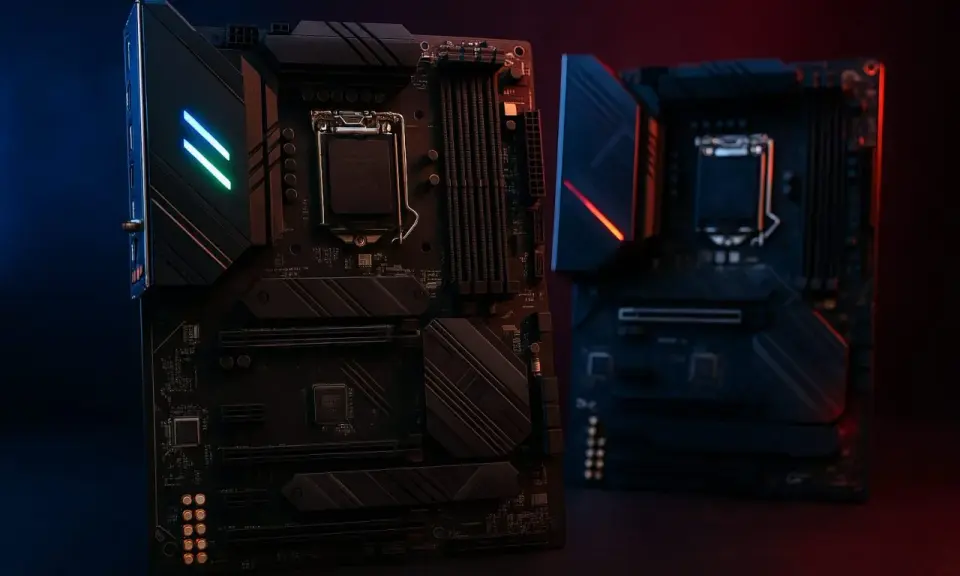 Deux cartes mères modernes, éclairées par des LED bleues et rouges. Un guide pour comment choisir sa carte mère.