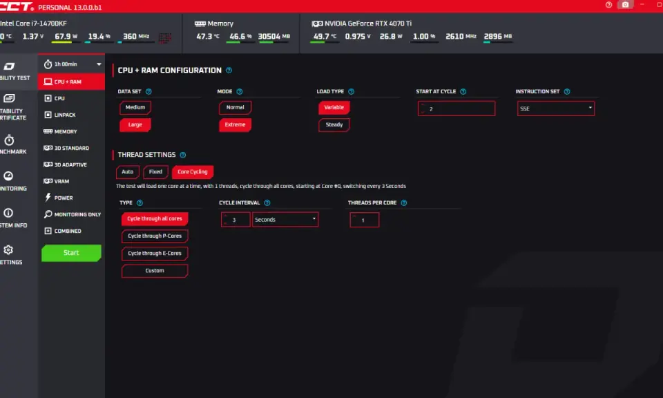 Configuration d'un test de stress CPU + RAM, avec options pour le jeu de données, le mode, le type de charge, et les paramètres de thread pour évaluer la performance.