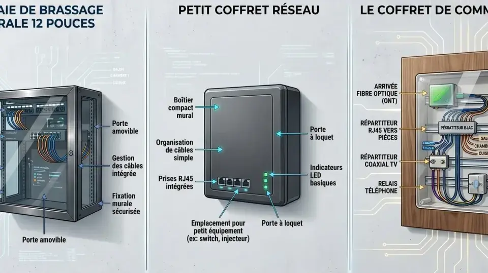 Illustration de trois solutions pour un réseau domestique : baie de brassage murale, petit coffret réseau et coffret de communication. Idéal pour organiser votre nas personnel.