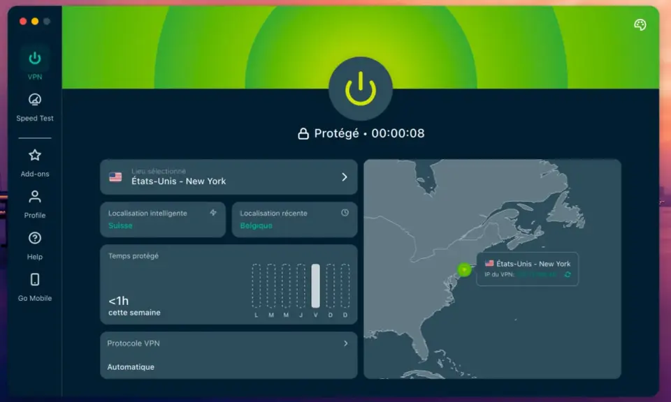 Interface VPN avec un bouton d'alimentation central, indiquant la connexion à New York. Le "kill switch" est activé, protégeant votre connexion.