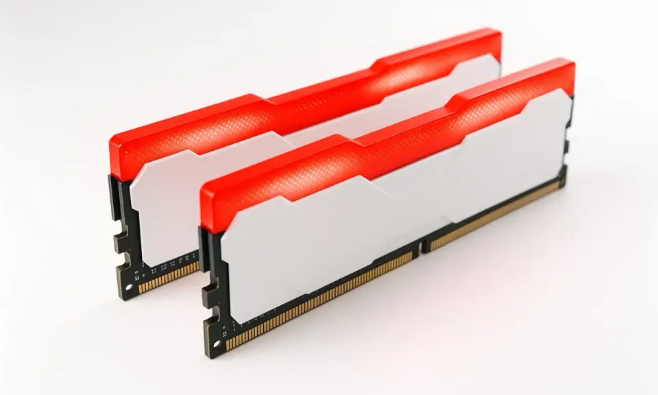 Deux barrettes de RAM pour PC portable, blanches avec un éclairage LED rouge vif. Idéal pour ajouter de la performance.