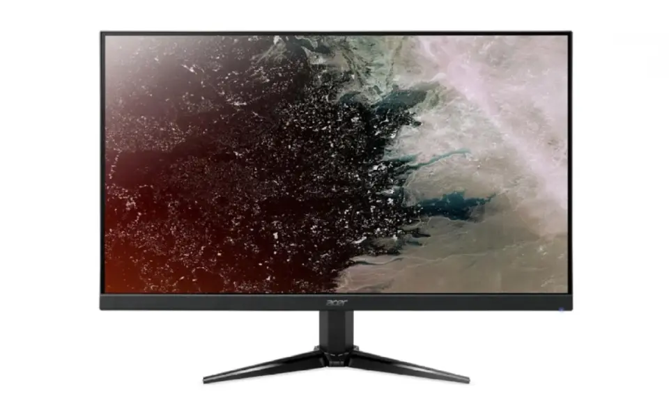 Écran Acer 24 pouces affichant une image abstraite aux teintes sombres et claires, évoquant une nébuleuse ou une carte terrestre vue du ciel.