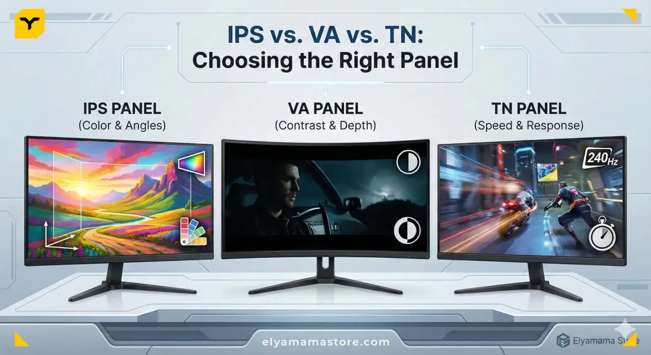 Comparaison des dalles IPS, VA et TN. La dalle TN est mise en avant pour sa rapidit&eacute; et sa r&eacute;activit&eacute;, id&eacute;ale pour le jeu vid&eacute;o.