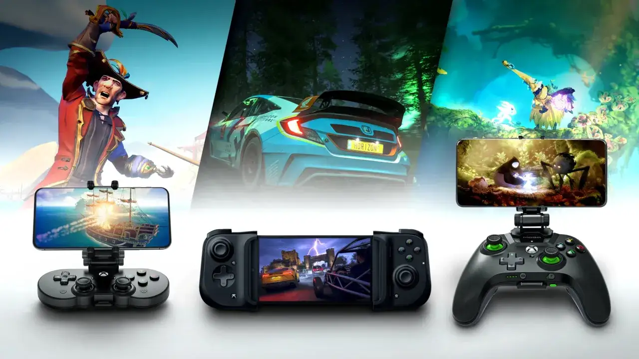 Jouez à vos jeux préférés sur mobile avec le xbox cloud. Trois manettes et écrans de téléphone affichant des jeux variés.