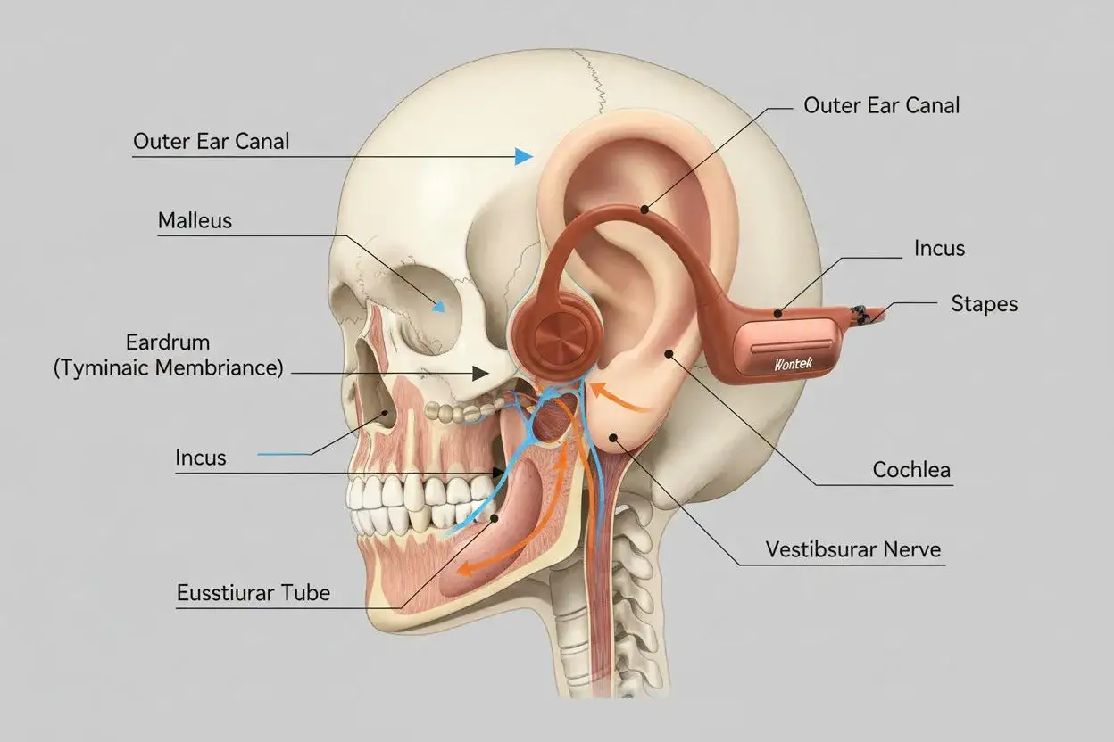 Un casque à conduction osseuse est illustré sur un crâne humain, montrant l'oreille interne et les voies auditives.