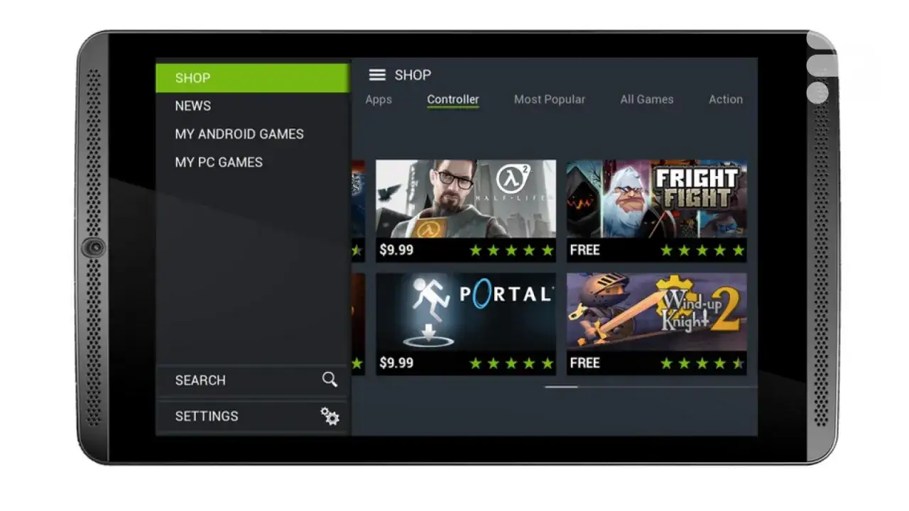 L'&eacute;cran du Nvidia Shield Tablet affiche des jeux comme Half-Life et Portal, pr&ecirc;ts &agrave; &ecirc;tre t&eacute;l&eacute;charg&eacute;s.