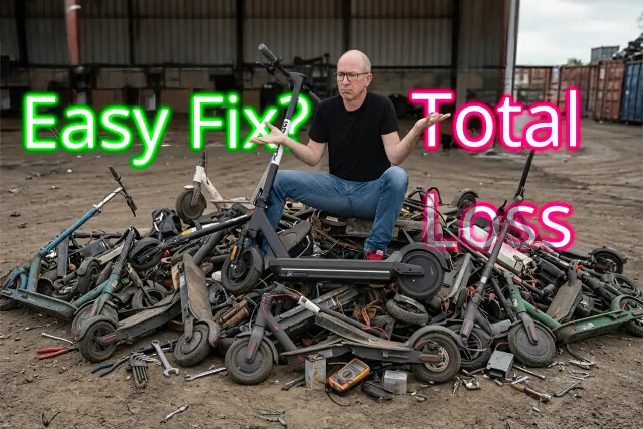Un homme assis sur une pile de trottinettes électriques hors d'usage. Une trottinette électrique qui s'arrête en roulant, un problème courant ?