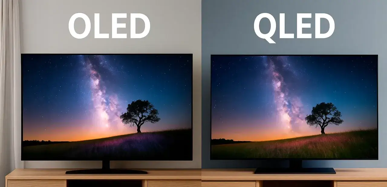 Comparaison visuelle : un &eacute;cran OLED et un &eacute;cran QLED affichent la m&ecirc;me sc&egrave;ne de ciel &eacute;toil&eacute;. La diff&eacute;rence entre LED et QLED est subtile.
