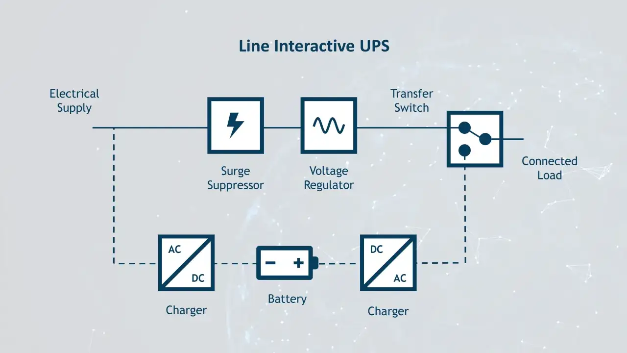 Schéma d'un onduleur interactif : alimentation, parasurtenseur, régulateur de tension, transfert, chargeur, batterie. Pour savoir comment choisir un onduleur.