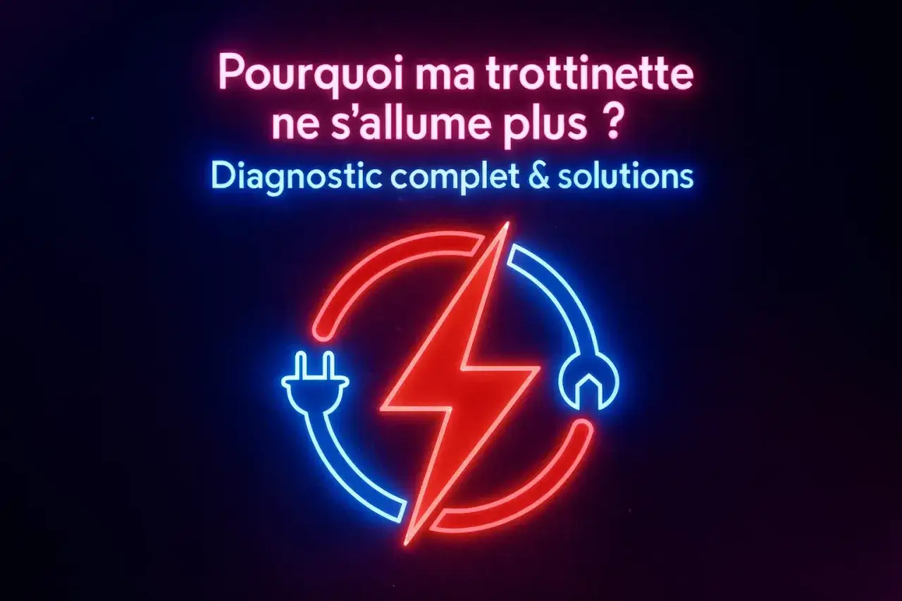 Pourquoi ma trottinette ne s'allume plus ? Diagnostic complet & solutions. Icône néon : prise électrique, éclair rouge, clé à molette.