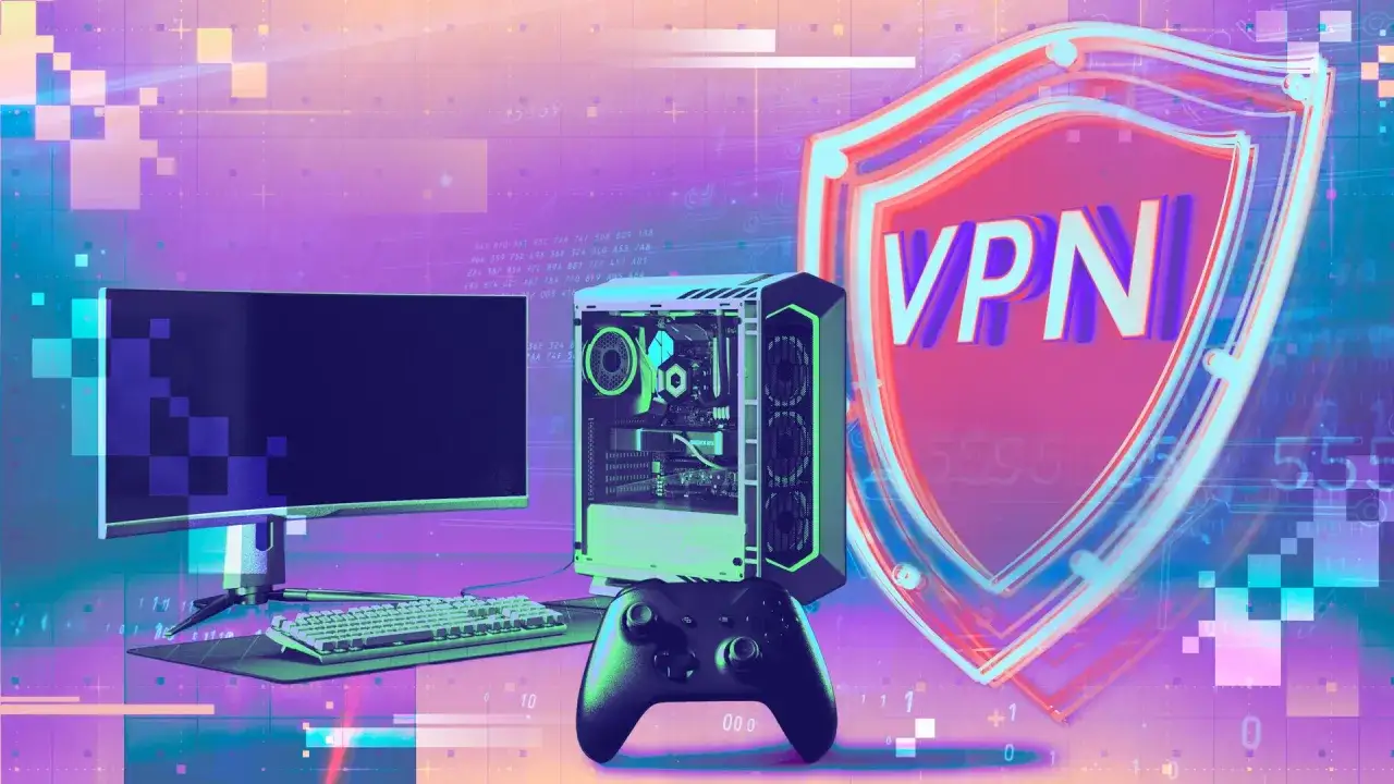 Un ordinateur, un écran, un clavier et une manette de jeu sont disposés devant un bouclier VPN stylisé. Un kill switch virtuel assure la sécurité.
