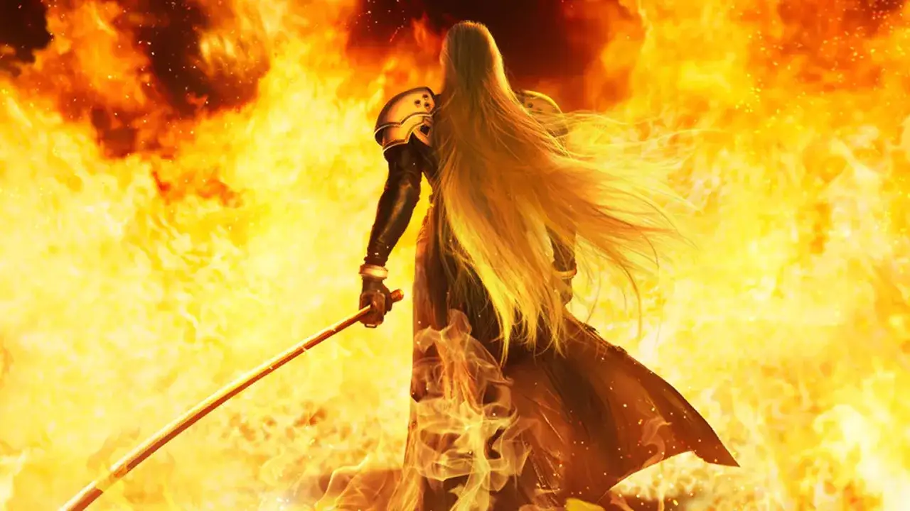 Sephiroth, personnage embl&eacute;matique de Final Fantasy VII, se tient au milieu d'un brasier ardent, sa longue chevelure blonde flottant dans les flammes.