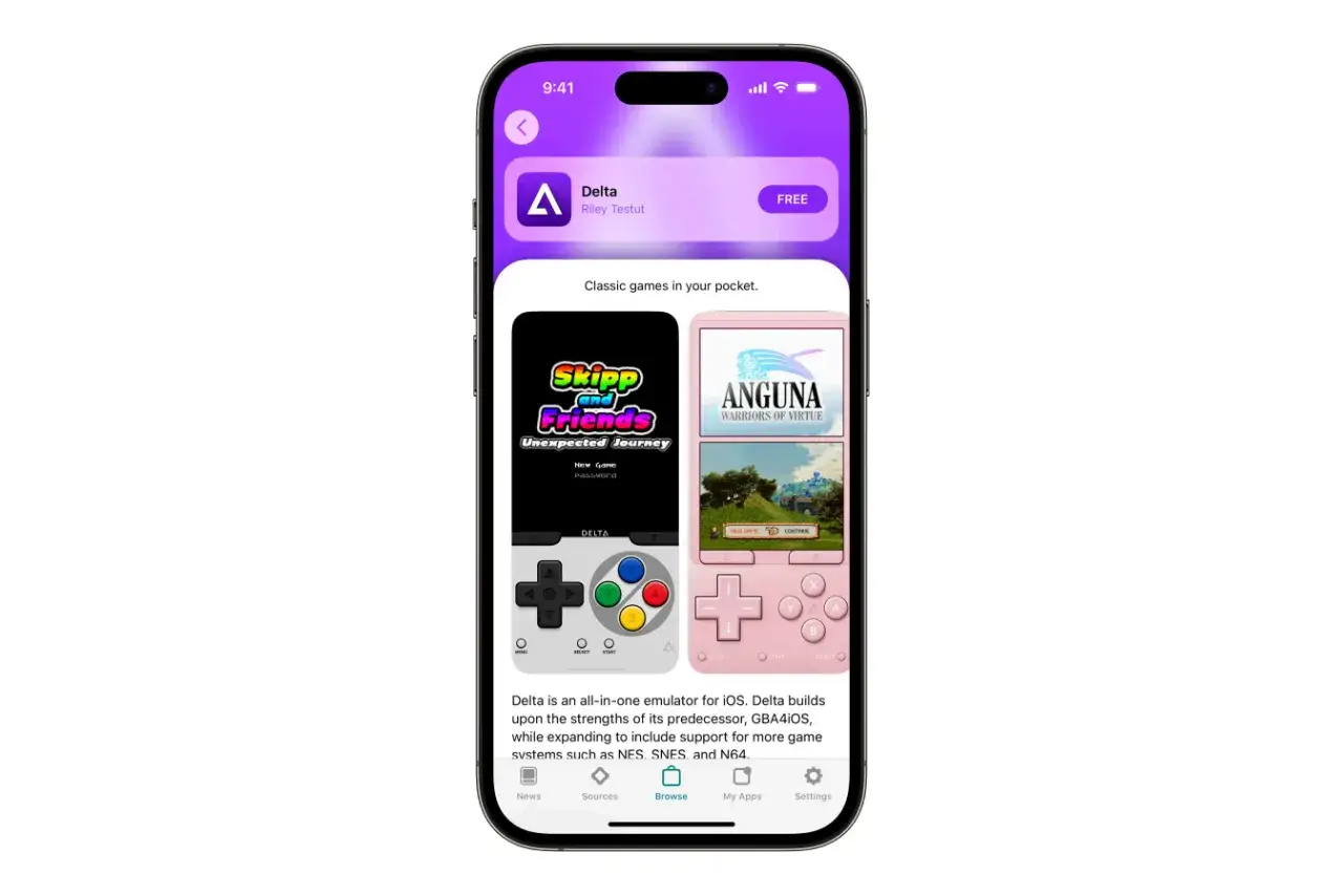 &Eacute;cran d'iPhone affichant l'application Delta, un &eacute;mulateur pour iOS, avec des jeux classiques comme 