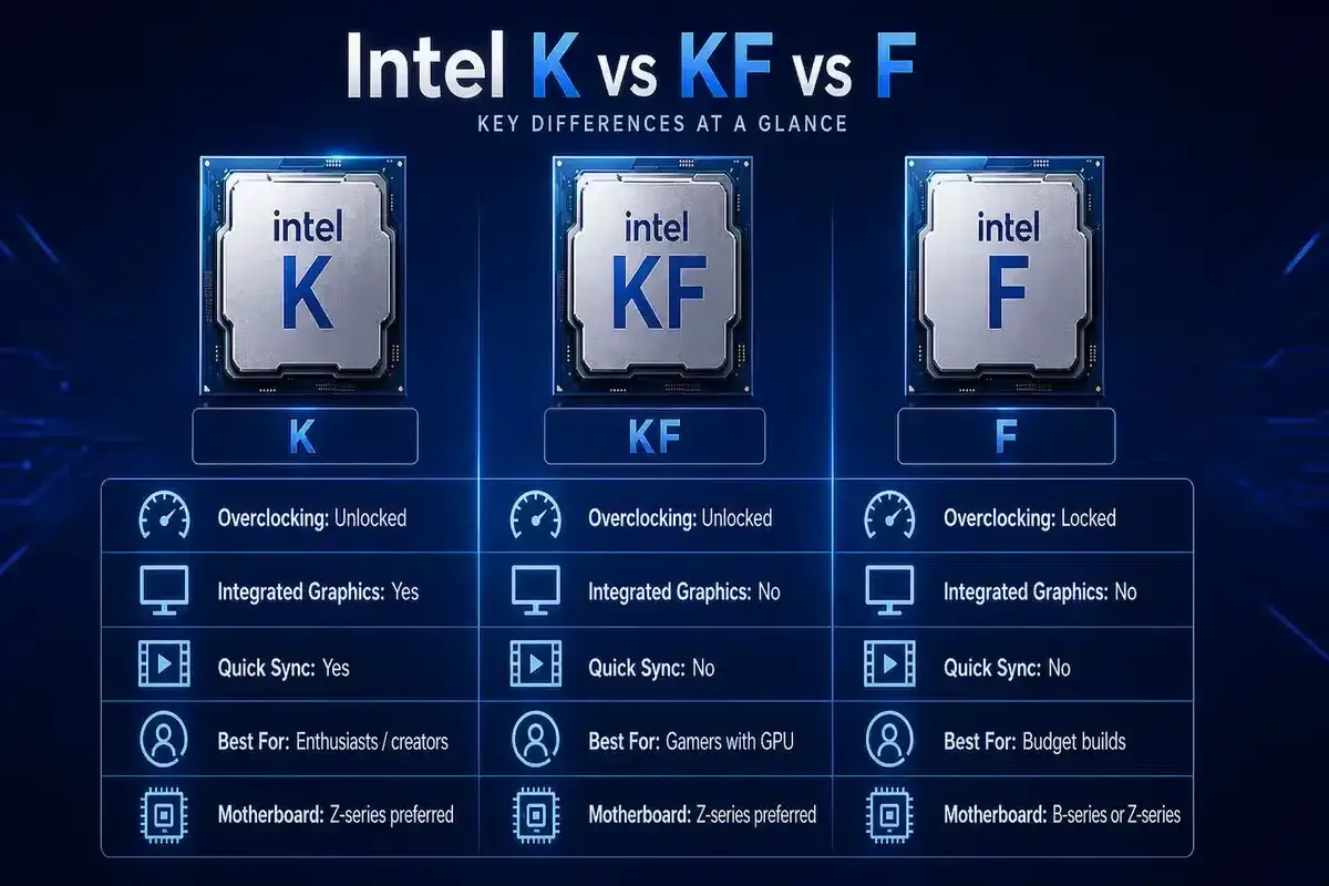 Comparaison des processeurs Intel K, KF et F. Le processeur K offre l'overclocking et les graphiques intégrés, idéal pour les créateurs.