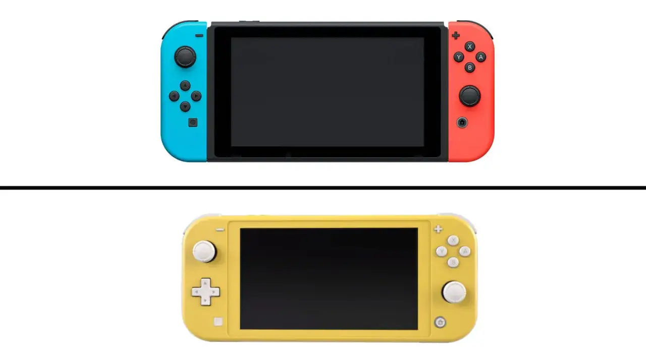 Comparaison entre la Nintendo Switch et la Switch Lite 2, l'une avec des Joy-Cons bleus et rouges, l'autre jaune.