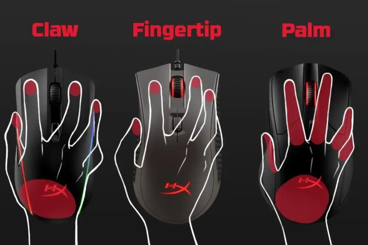 Comment choisir sa souris gamer : trois prises en main (Claw, Fingertip, Palm) illustrées sur des souris.