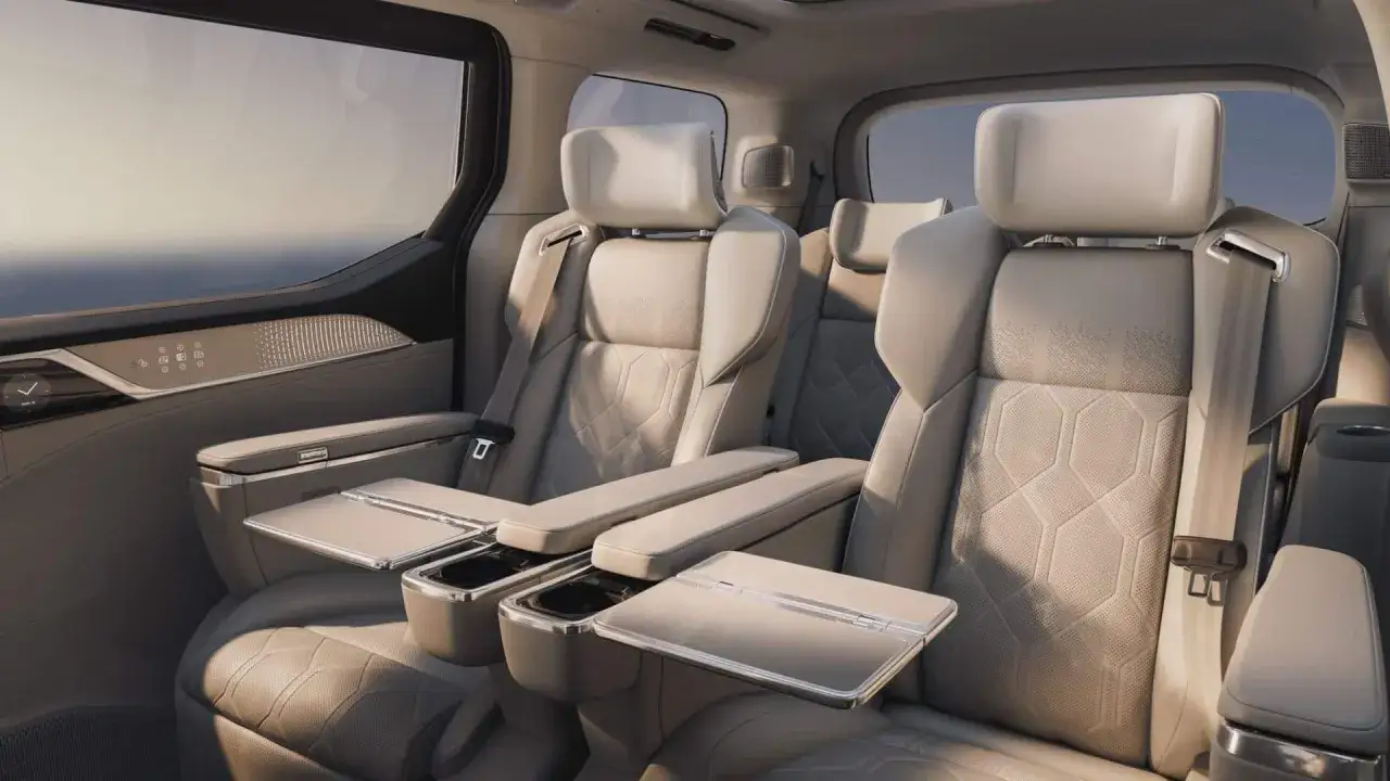 Intérieur luxueux du Volvo EM90 avec sièges en cuir beige, tablettes dépliables et finitions élégantes.