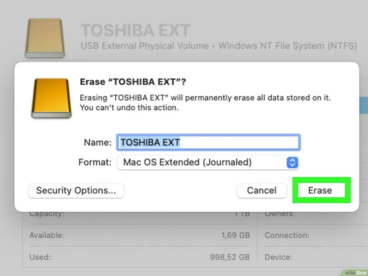 Fenêtre d'effacement d'un disque dur externe Toshiba. Faut-il formater un disque dur externe neuf ? Ici, on efface le volume 
