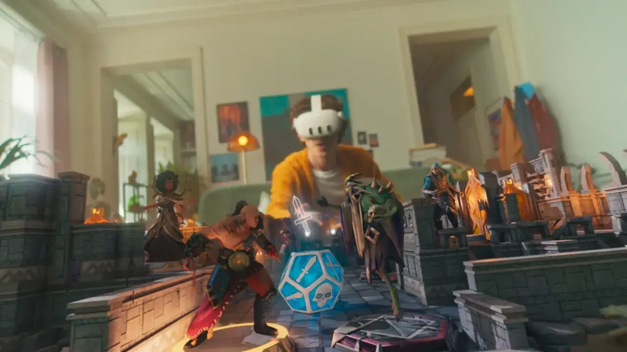 Un joueur utilise un casque Meta Quest 4 pour interagir avec un jeu de rôle virtuel. Des figurines de guerriers et de monstres s'animent sur un plateau de jeu.