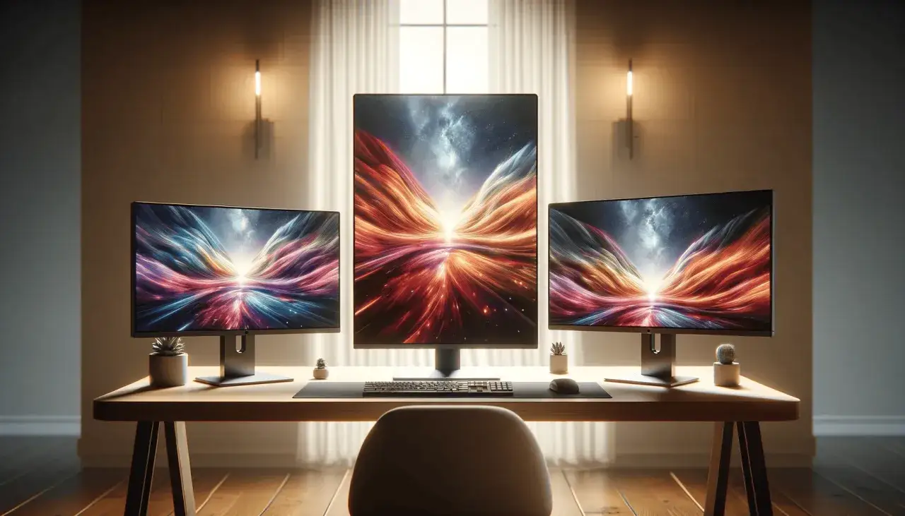 Bureau avec trois &eacute;crans affichant un paysage cosmique abstrait. Le moniteur central, d'une taille &eacute;cran 22 pouces, est entour&eacute; de deux &eacute;crans plus petits.