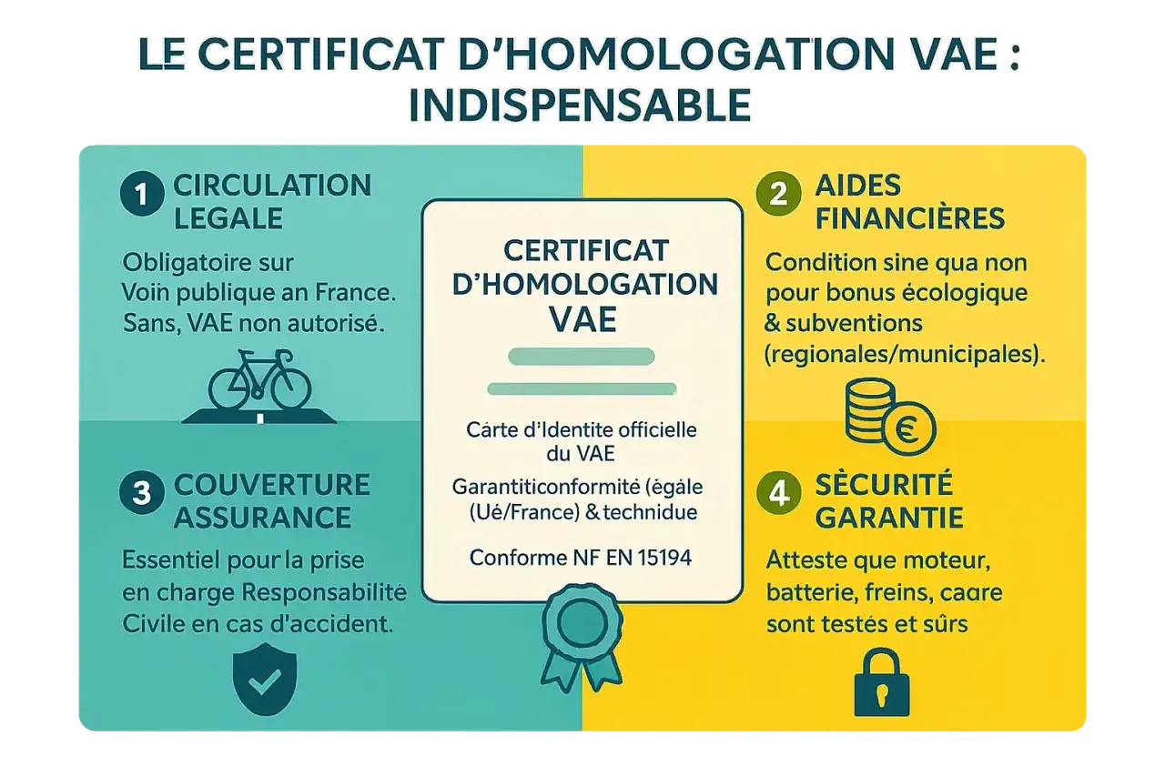 Le certificat d'homologation VAE est indispensable pour la circulation l&eacute;gale, les aides financi&egrave;res, l'assurance et la s&eacute;curit&eacute;. Il garantit la conformit&eacute; de votre v&eacute;lo.